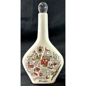 München Germany Ceramic Decanter Bottle with Map Design & Glass Stopper 6”